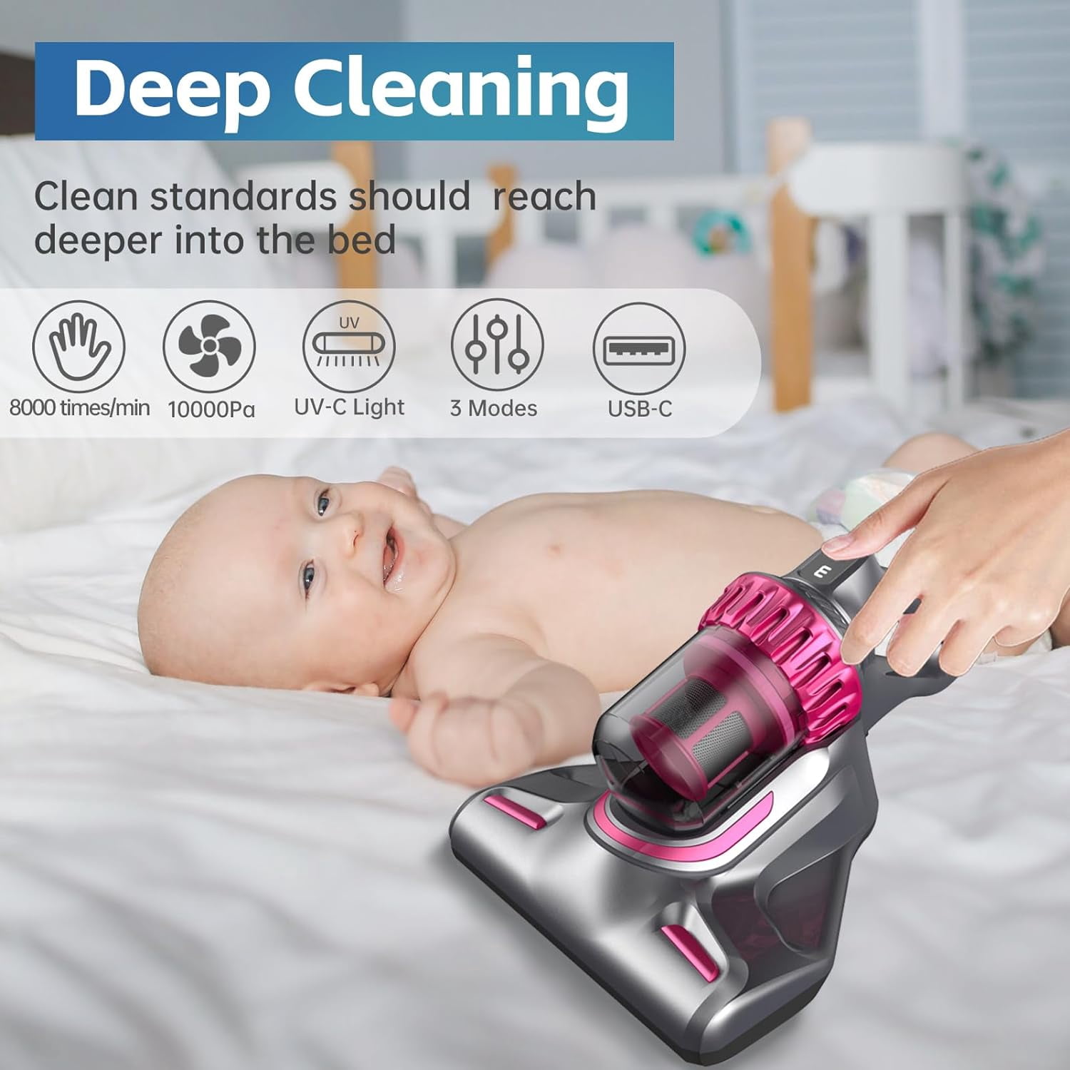 Oenbopo Mattress Vacuum Cleaner Cordless, UV Bed Vacuum Cleaner 10Kpa High Frequency Double Beat Low Noise, 3-in-1 Handheld Vacuum for Bed, Mattress, Pillow, Sofa Cleaning