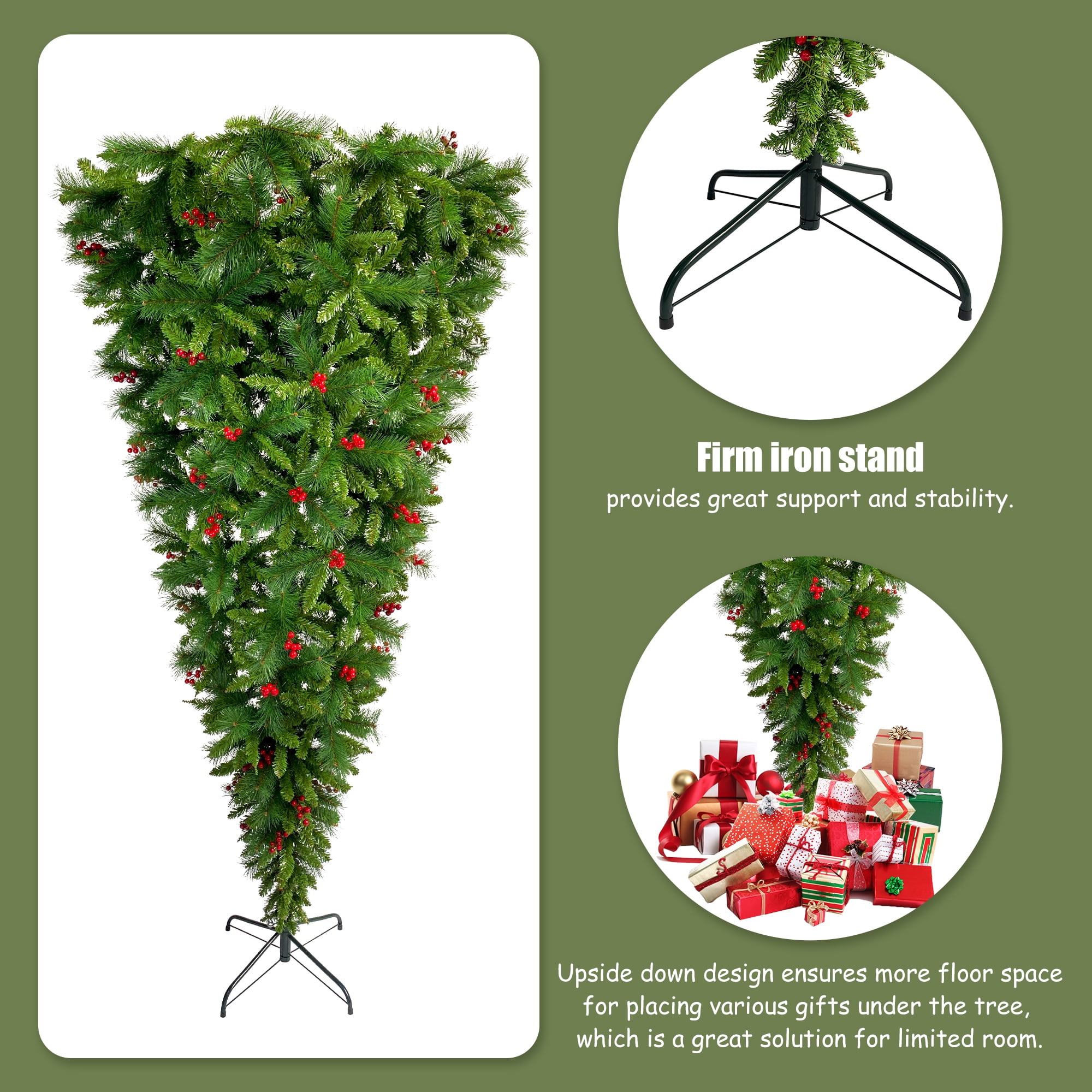 Kadyn 7.4 ft Upside Down Green Christmas Tree Hinged Spruce Full Tree, 1500 branch tips, with Red Artificial Berries, PVC Pine Needles, Artificial Holiday Christmas Pine Tree for Home, Office, Party