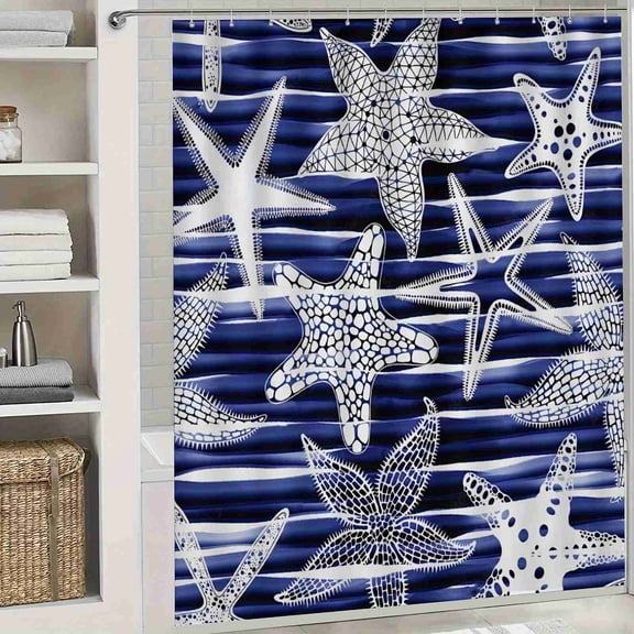 70x70 inch Navy Blue and White Striped Starfish Shower Curtain, Waterproof Polyester Fabric with Hooks for Coastal Bathroom Decor