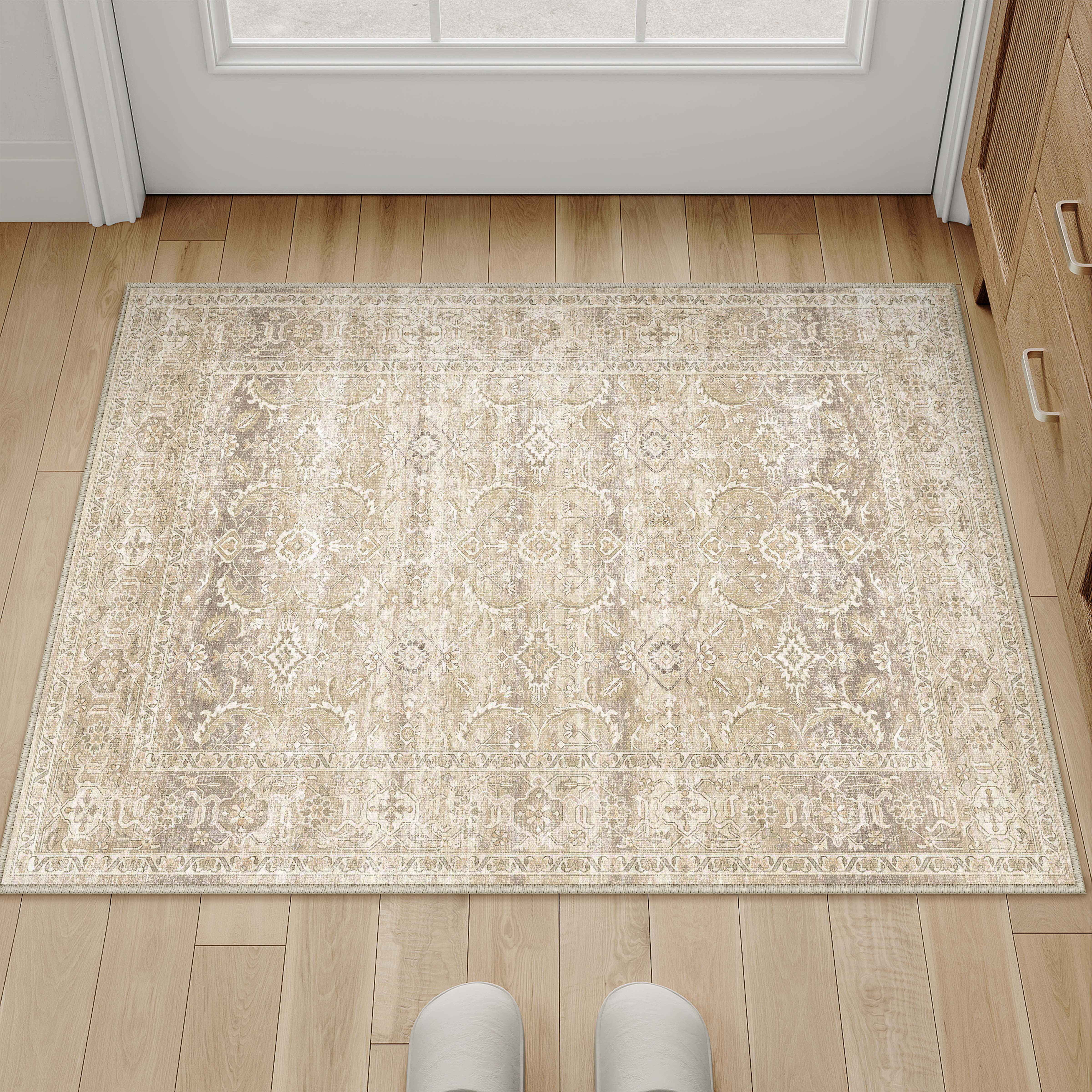 BERTHMEER 2'x3' Area Rugs for Bathroom Entryway Bedroom Kitchen Dorm Entrance Non Slip Washable Small Beige Vintage Traditional Oriental Accent Distressed Carpets