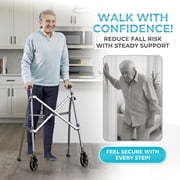 Stander Space Saver Walker, Lightweight Folding Walker for Seniors, Adult Walker with Wheels, Two Wheeled Rolling Walker with Rear Ski Glides, Black Walnut
