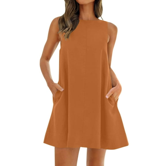 Linen Dresses For Women 2025, Tank Dresse Sleeveless Casual Round Neck Backless Sundress With Pockects Beach Vacation Mini Dress Valentine'S Day Womens Summer Dress (XXL, Ginger) ZMTing