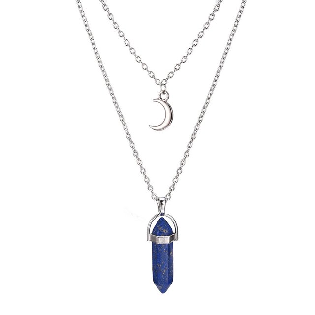 Collar de cristal simple retro de estilo europeo y americano con forma de luna y columna hexagonal, collar de turquesa en forma de media luna