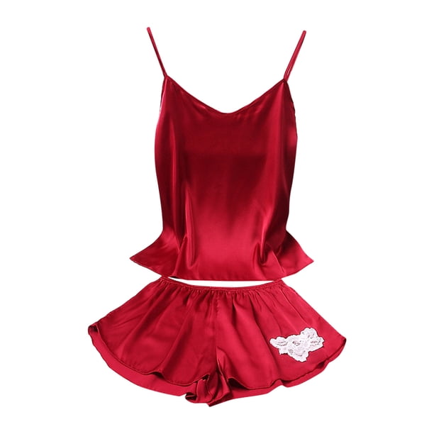 Gibobby Pijama De Mujer Mujeres Casual Sexy Home Thin Suspender Chaleco Pijamas de dos piezas Traje de pijamas(Rojo,M)