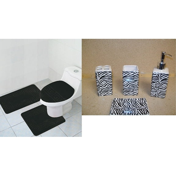 7 Piece Bath Accessory Set Black ZEBRA Print Bathroom Rugs contour mat & Ceramic Accessories