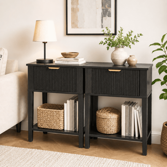 EcoNovi 2 Pack Black Nightstand, Fluted Drawer Bedside Table with Shelf, Gold Handle Storage Cabinet