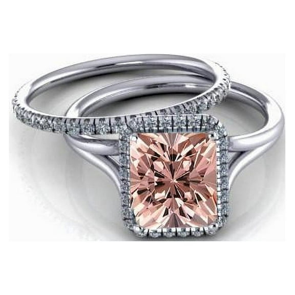 1.75 Carat 7x5mm Emerald Cut Morganite Bridal Set with Diamond Moissanites with 18k Gold Plating