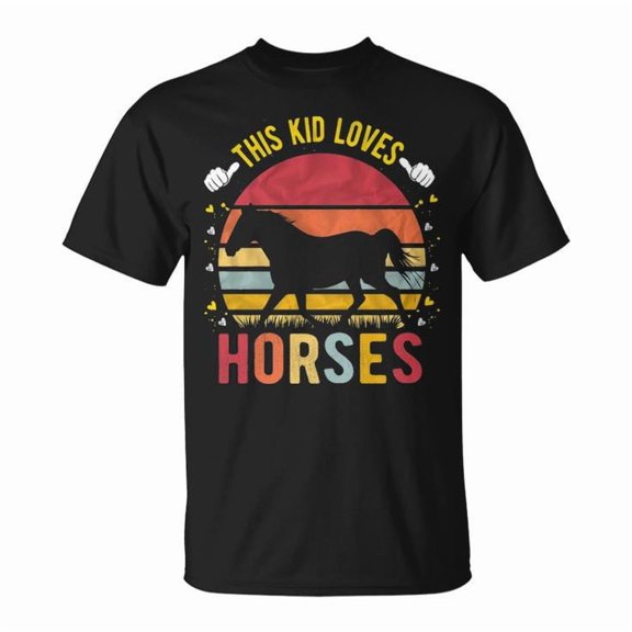 This Kid Loves Horses Tee Unisex Adult Cotton T-Shirt with Boys and Girls Horse Graphic Comfortable Casual Gift for Young Equestrians and Animal Lovers, Size XL, Color Black