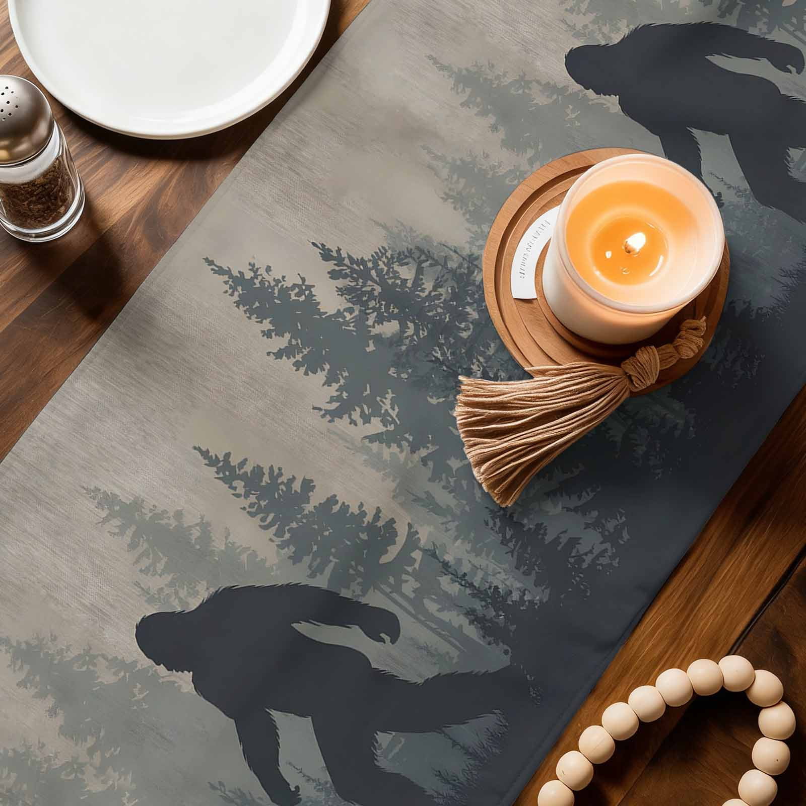 Forest Bigfoot Table Runner, Vintage Sasquatch Animal Silhouette Foggy Dark Forest Plant Cotton Linen Kitchen Table Decoration Washable Dining Tabletop Runners for Home Party Decor 13x90 Inches