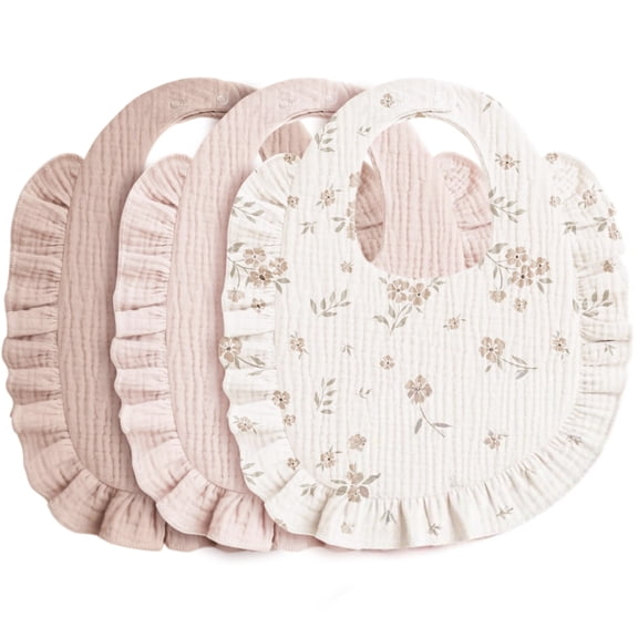 TELOLY Muslin Baby Bibs for Girls U2013 Soft 100% Cotton Drool Bibs, Ruffle Trim for Newborns & Toddlers 0-36 Months 3-Pack Soft Baby Bibs