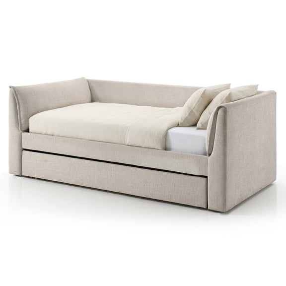 Furniture of America Alonsa Fully Fabric Upholstered Track Arm Twin Daybed with Trundle, Pearl White