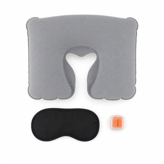 Unique Bargains 1 Set Inflatable Travel Pillow with Eye Mask Earplugs Comfortable Travel Neck Pillow Gray