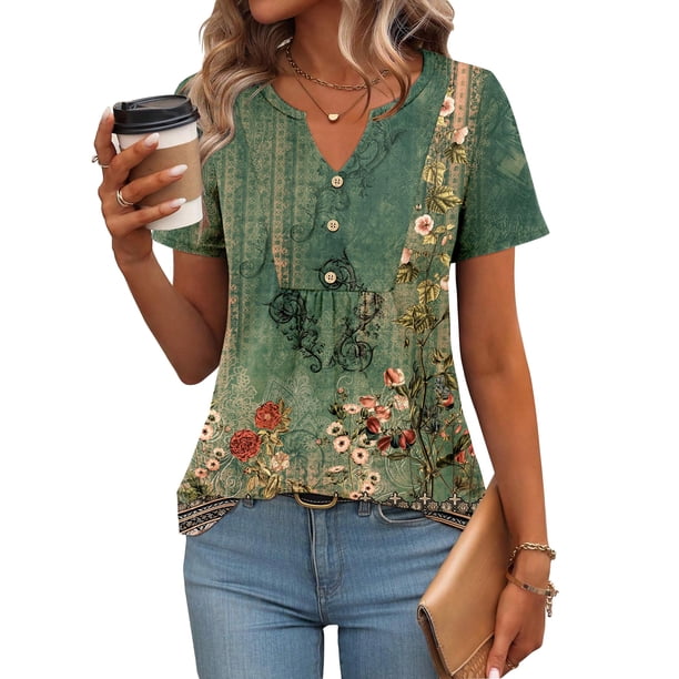 Top Zeagoo camisa de verano floral con cuello en V y manga corta para mujer