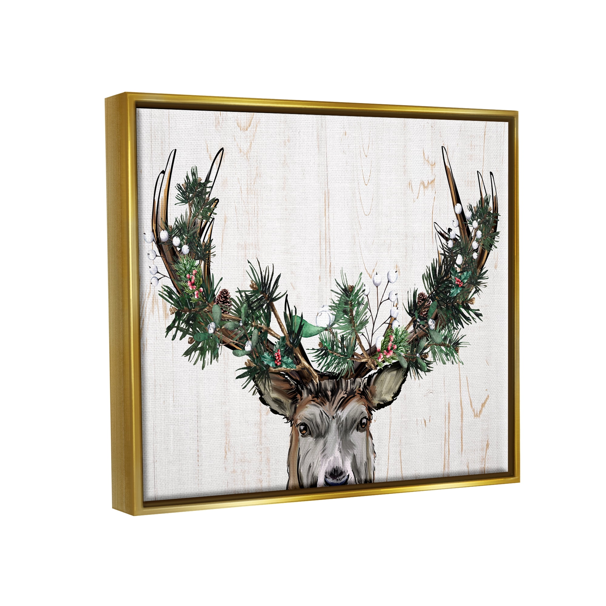Stupell Industries Pine Garland Deer Antlers Holiday Painting Gold Floater Framed Art Print Wall Art, 31 x 25