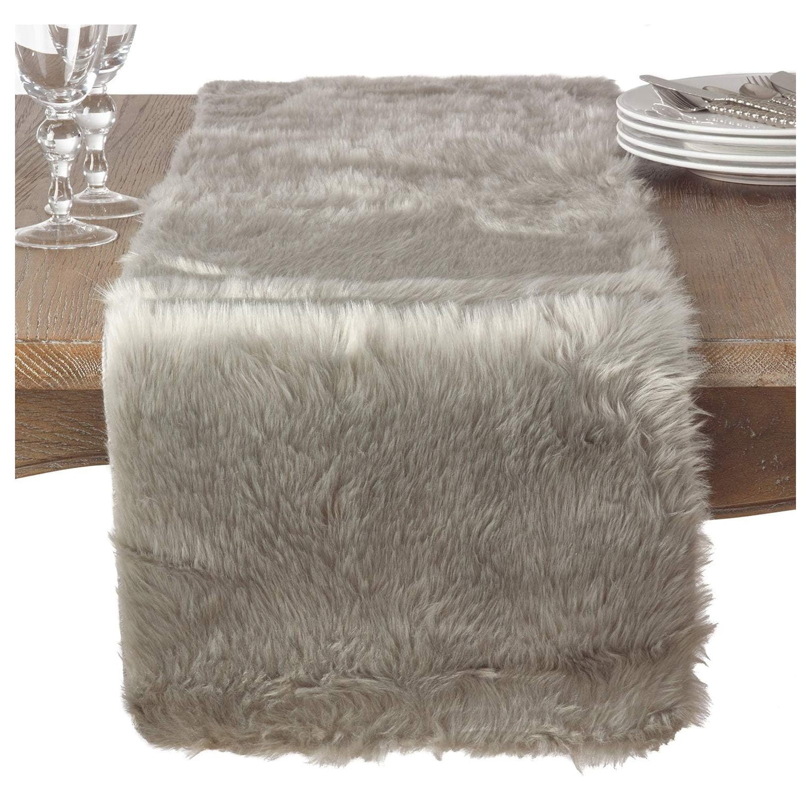 Juneau Faux Fur Table Runner 15 x 90 Inch - Gray Winter Table Decor for Dining Room, Holiday & Banquets