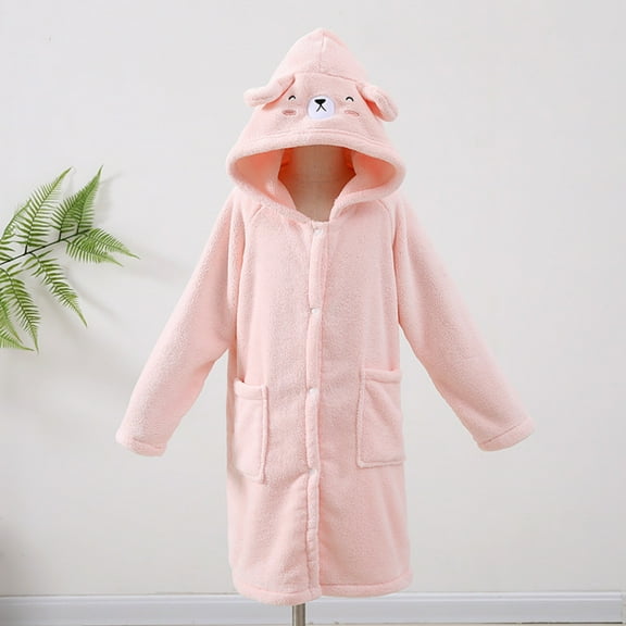 Zunfee Juniors Pink Animal Hooded Bathrobe - 100% Polyester Soft Long-Length Robe with Front Pockets & Button Closure