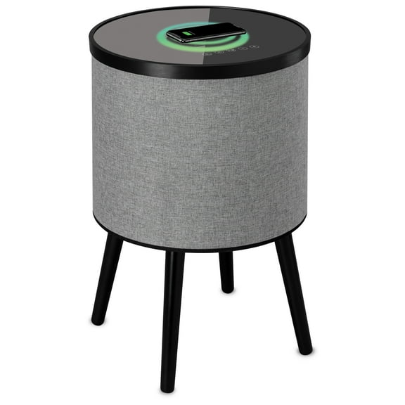 DecorTech Round Bluetooth Speaker End Table with Wireless Charging, Gray