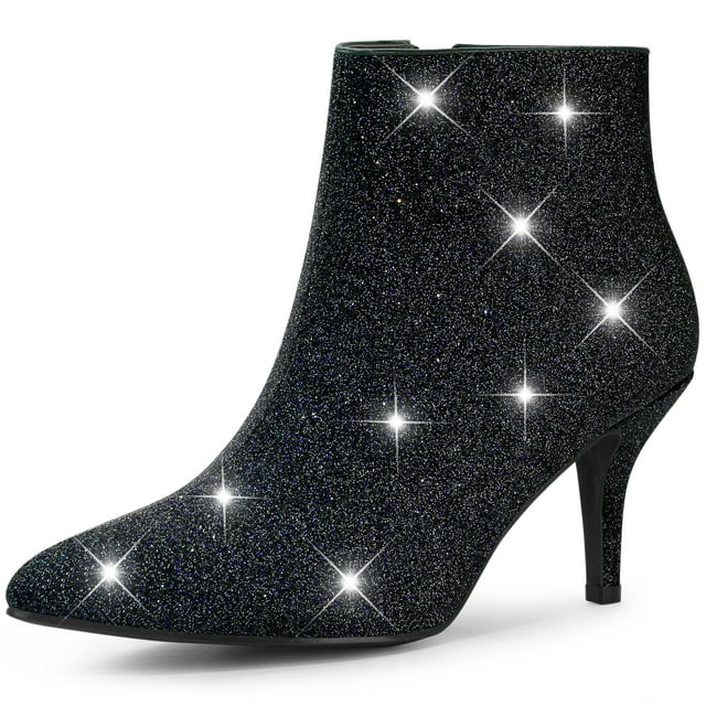 Unique Bargains Women's Glitter Point Toe Stiletto Heels Ankle Boots