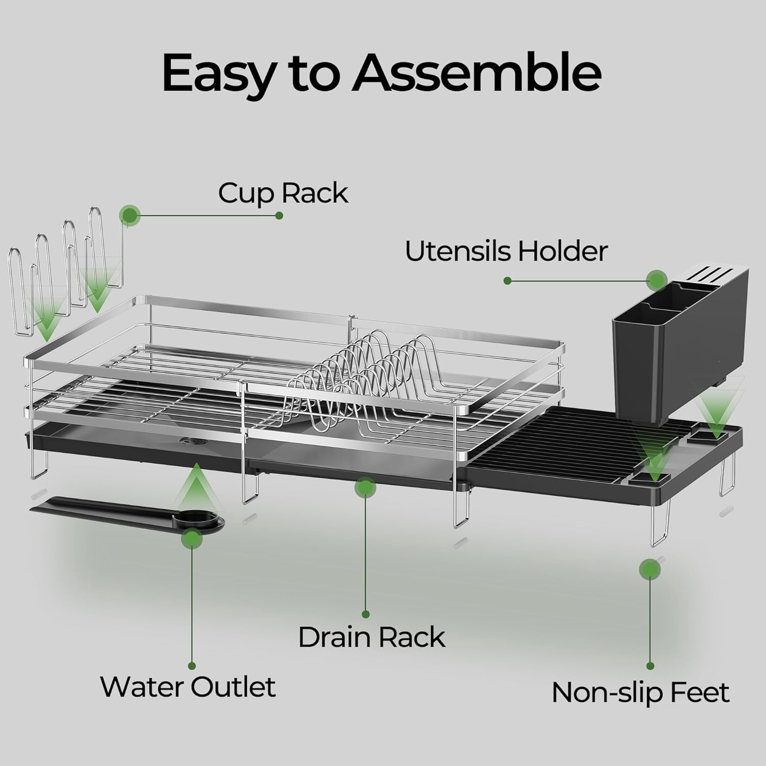 Large Dish Drying Rack, Expandable Dish Rack, Stainless Steel Anti-Rust Dish Racks for Kitchen Counter, Multifunctional Dish Drainer with Utensil Holder & Cup Holder, 13.4"-28.7" L x 11.8" W