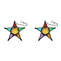 2X Hanging Candle Lantern,Moroccan Style Glass Five-Pointed Star Shaped Tealight-Holder for Wedding,Garden Yard, Black