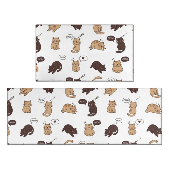 Multicolor Cat White Pattern Anti Fatigue Kitchen Rugs Set Of 2, Non Slip Washable Decorative Floor Mats for Kitchen Sink Laundry, 17"x30" and 17"x47"
