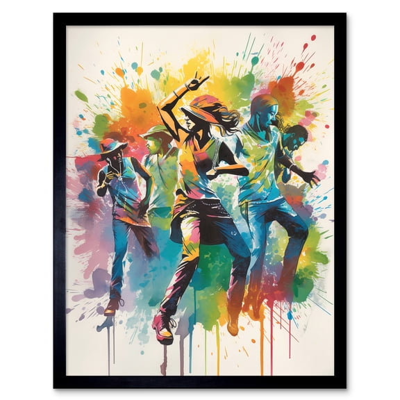 Rainbow Rhythm Dance Festival of Colour Dancers Dancing to Music Modern Splat Watercolour Painting Art Print Framed Poster Wall Decor 12x16 inch