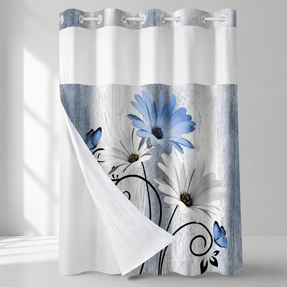 Blue 72"W x 75"L (Pack of 1) Hookless Polyester Shower Curtain with Snap In Liner