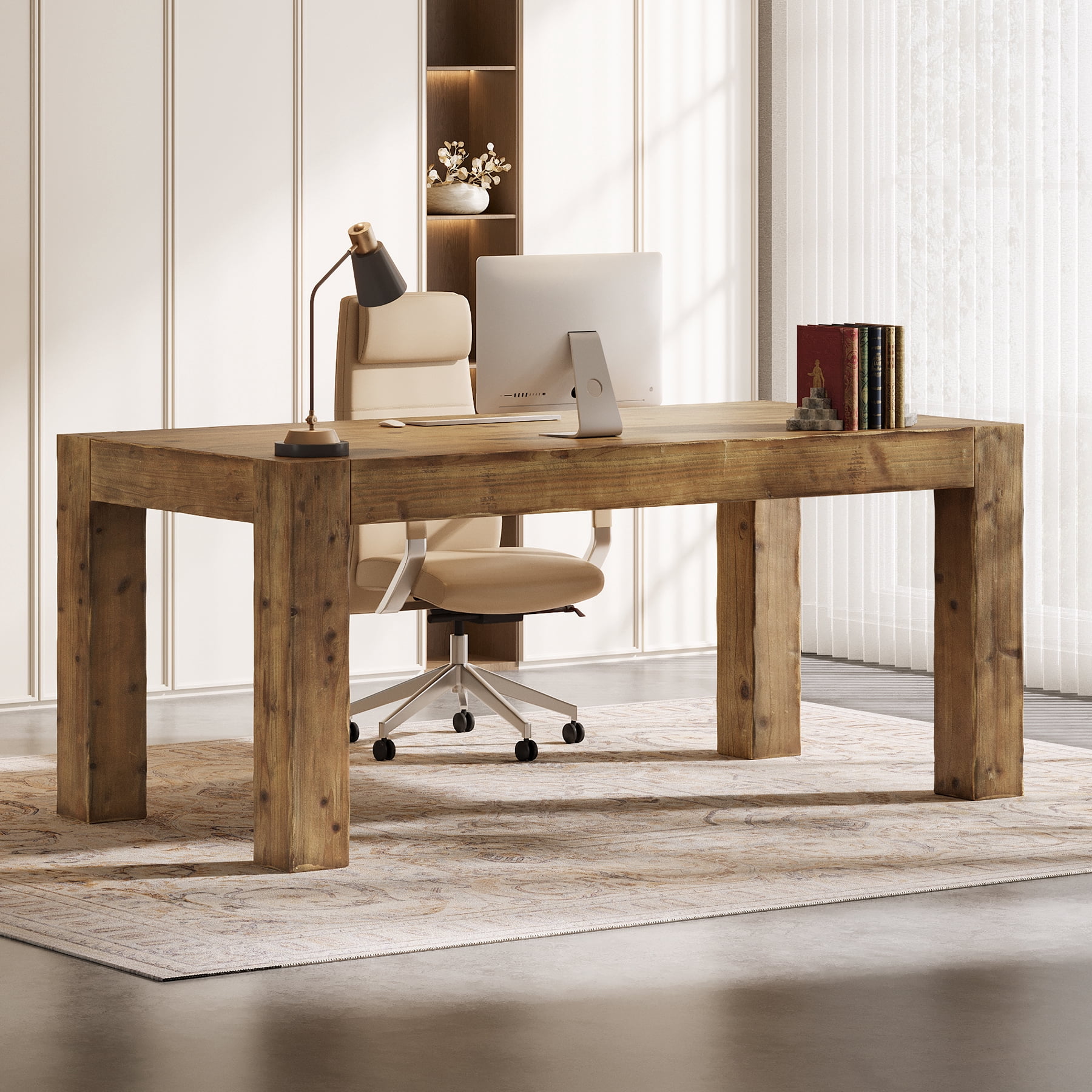Finmind 63-inch Solid Wood Executive Desk, Farmhouse Wooden Home Office Computer Desk, Large Writing Study Table for Home Office, Rustic Brown