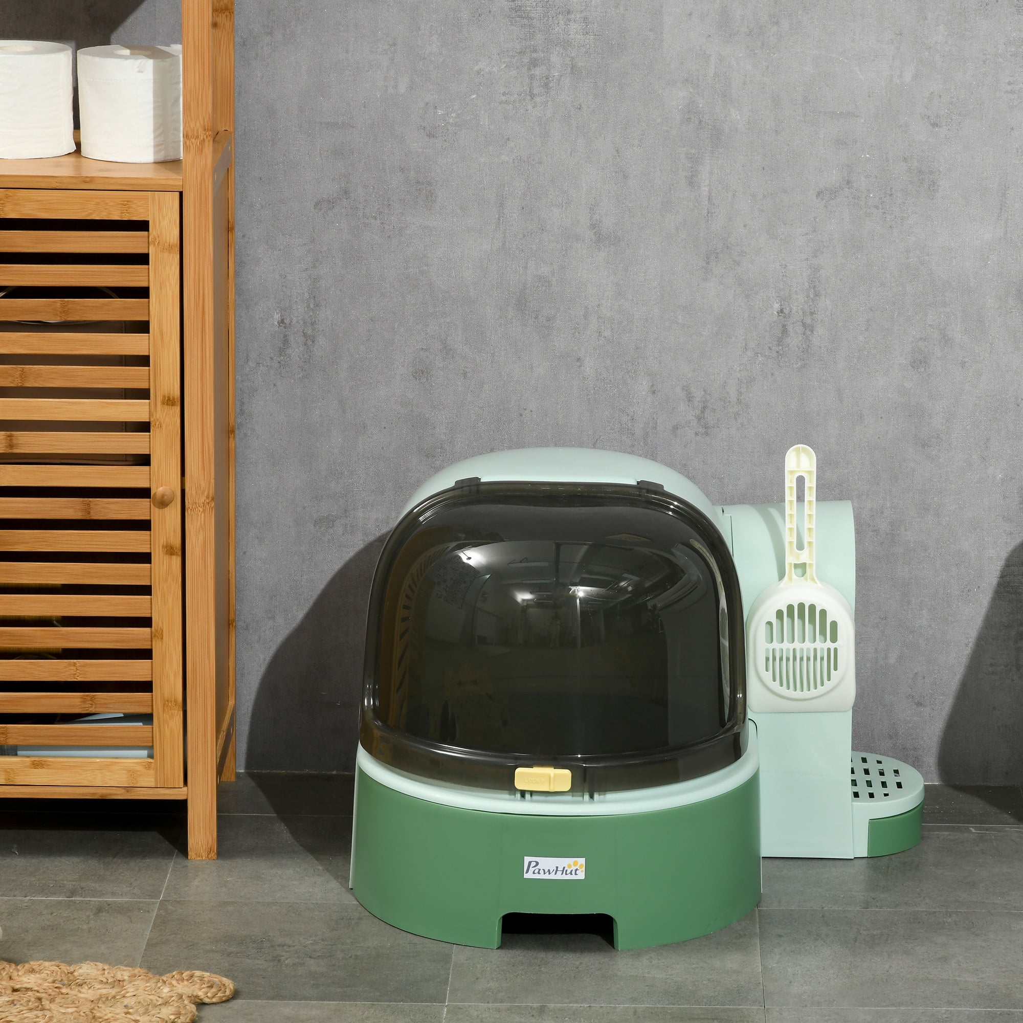 Covered Cat Litter Box with Lid Space Capsule Design Openable Front Cover Litter Scoop Included Easy to Clean Anti-Tracking Private Odor-Locking Litter Box Green