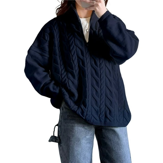 Suéter de Cuello Alto y Larga para Mujer con Cremallera, Jersey Informal de Punto Acanalado para Otoño e Invierno. Azul Marino XL