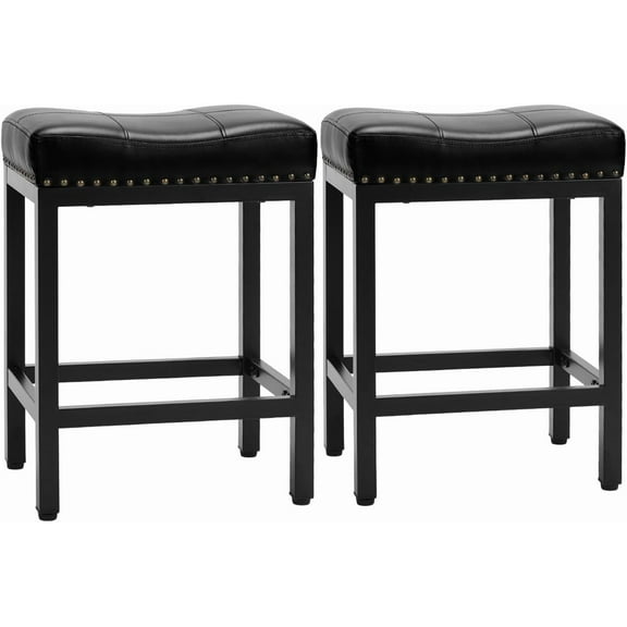 QUIOCOZY Bar Stools Set of 2, 24 Inch Counter Height Bar Stools, Modern PU Leather Saddle Stools Chair, Kitchen Island Chairs with Metal Base and Footrest, 3.6" Thick Upholstery