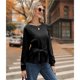 thumbnail image 4 of Sudadera con Nudo en la Cintura para Mujer, Raglán Larga, Cuello Redondo, Elegante, para Hacer Ejercicio, para Otoño Negro XL, 4 of 7