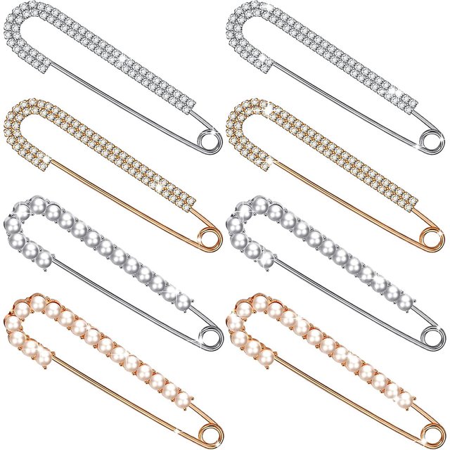 Women Brooch Pins Sweater Shawl Clips Faux Crystal And Pearl Brooches, 2 Styles Gold, Silver (8 Pieces)