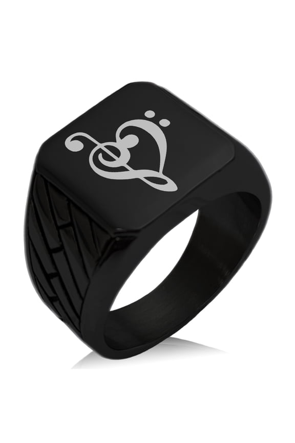 Stainless Steel Treble Bass Clef Musical Heart Geometric Pattern Biker Style Polished Ring