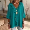 thumbnail image 7 of ClodeEU Women's Linen Blend Ruffle V Neck Half Sleeve Blouse,Casual Loose Solid Shirt Top Blue,Women's Plus L, 7 of 7