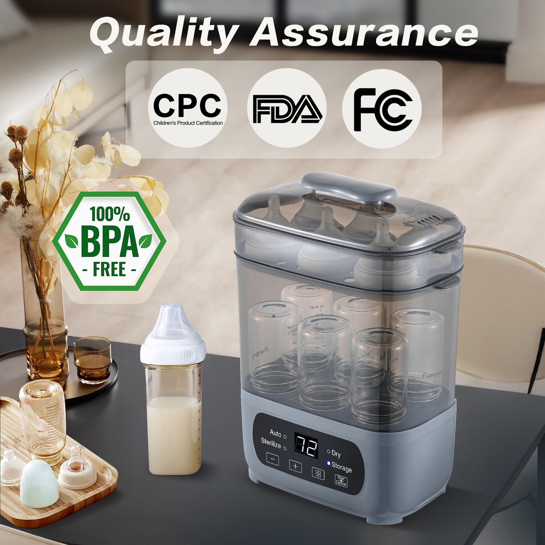 AMZBABYCHEF 4-in-1 Baby Bottle Sterilizer & Dryer: 72H Storage, 30-Min Dry, 6 Bottles + Accessories, FDA/CPC, 99.99% Germ-Free‌