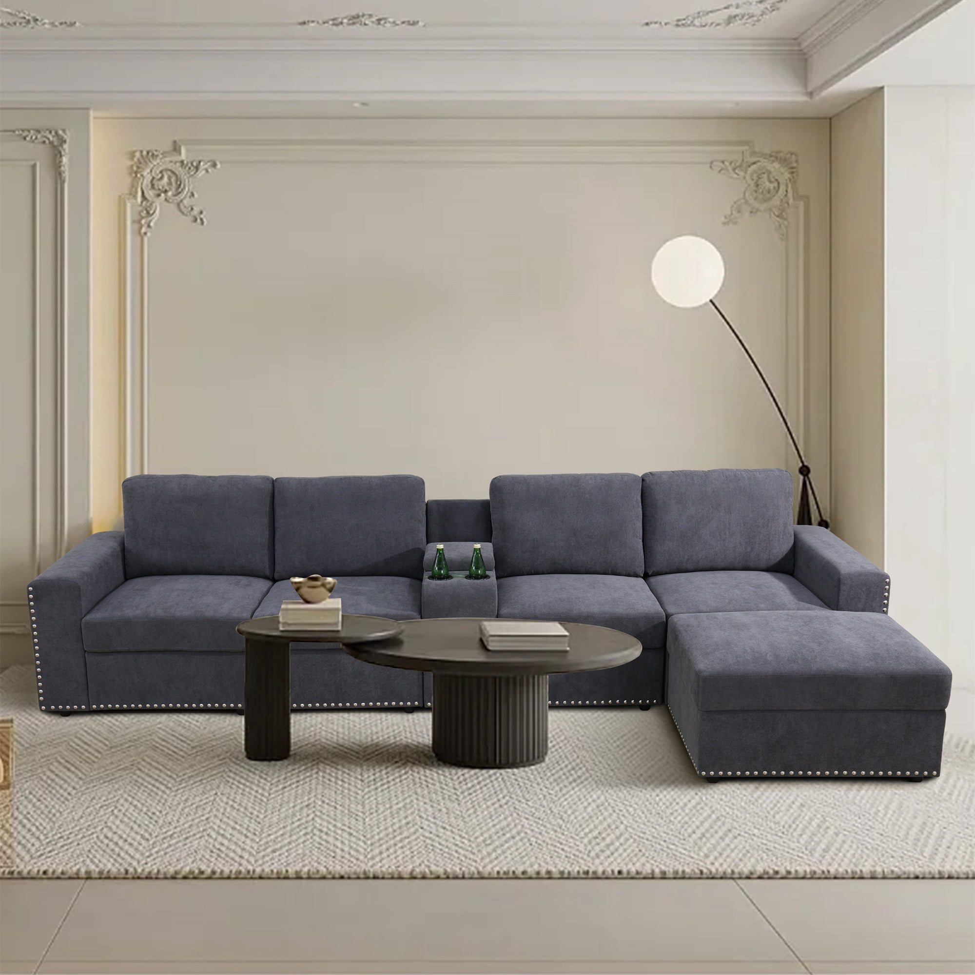 Aukfa 130" Oversized Sectional Sofa w/ Cupholder & Console 4 Seat Couch with Ottoman for Living Room, Gray