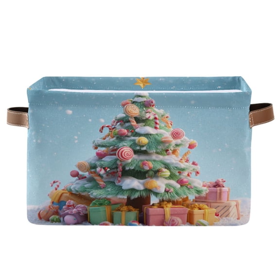 1-Pack Square Closet Organizers with Handles Open Basket Bins Lollipops Christmas Tree Storage Basket for Home Office