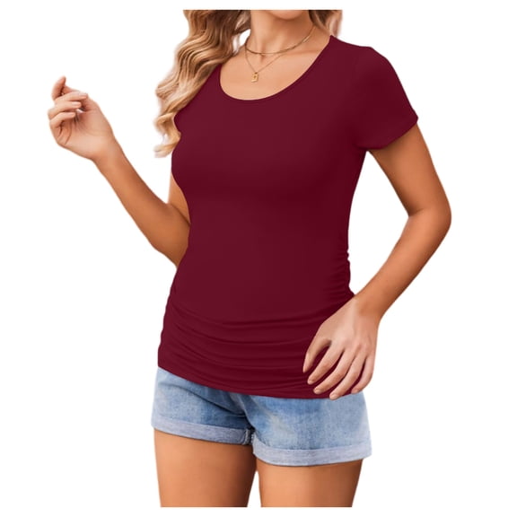 Stichou Women's Crew Neck Short Sleeve Cotton Tees Summer Spring Fashion Slim Fit T Shirt Basic Y2K Tops Wine XL