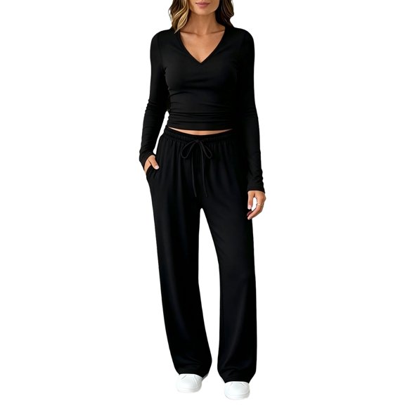 Women's Matching Set V-Neck Pleated Long Sleeve Lounge Sets for Women Tops and Wide Leg Pants 01 L