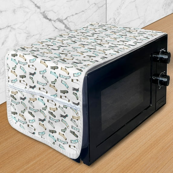 Cartoon Microwave Oven Cover, Messy Teenager Room Rain of Socks Laundry Themed Funny Art, Water Resistant Organizer with Pockets for Kitchen, 36" x 12", Dark Blue Beige, by Ambesonne