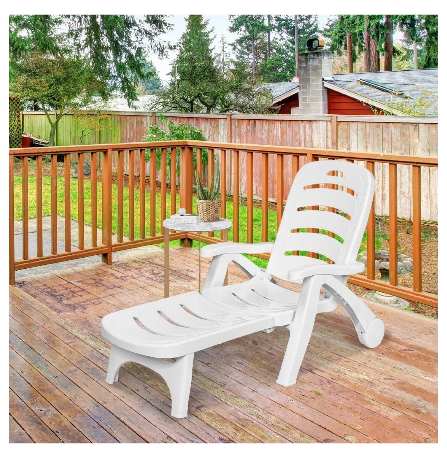 Moccha Plastic Folding Lounge Chair, 5-Position Adjustable Chaise Lounge with 2 Rolling Wheels, Armrest, Outdoor Chaise Chair for Patio, Beach, Backyard, Poolside, Home (1, White)