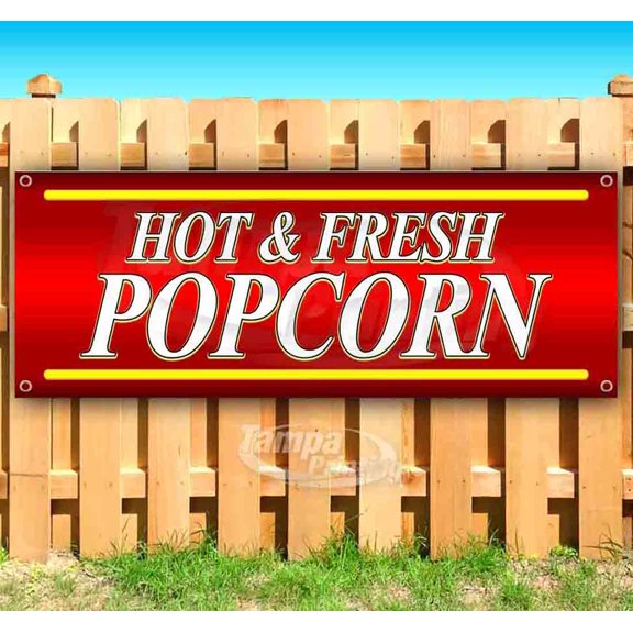 Hot & Fresh Popcorn 13 oz Vinyl Banner With Metal Grommets