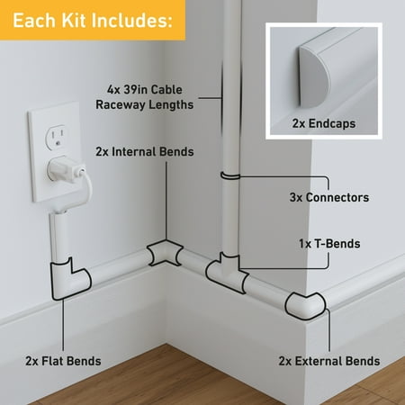 D-Line White Half Round Cord Cover Pack, 1.18x0.59in, 4x 39in Lengths