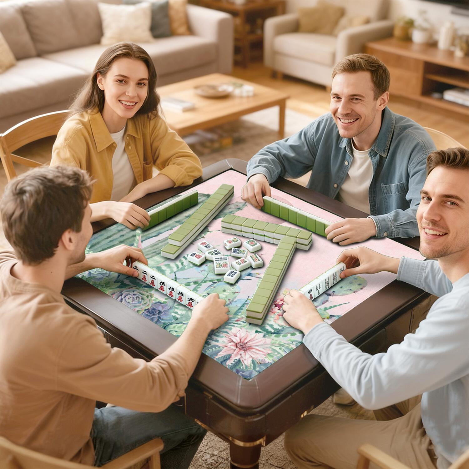Square Botanical Style Mahjong Mat 31.5 Inches Crafted from Premium Rubber Featuring Anti-Slip Backing Grip and Noise Reduction Qualities for Multi-Game Table Protection