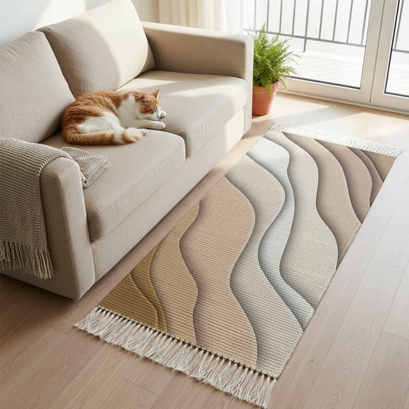 Beige Ombre Kitchen Runner Rug 2'x4', Modern Geometric Abstract Aesthetic Cream Washable Rug with Tassels, Non Slip Woven Cotton Bathroom Rugs Hallway Carpet for Foyer Bedroom Entry Back Door Decor