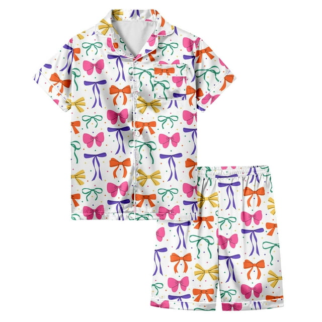 Toimothcn Ensemble de Vêtements pour Bébé Filles Manches Courtes Décontracté Nœud Imprimé Pyjama à Col Extensible Shorts 2 Pcs Ensemble de Vêtements de Maison Doux 10-11 Ans