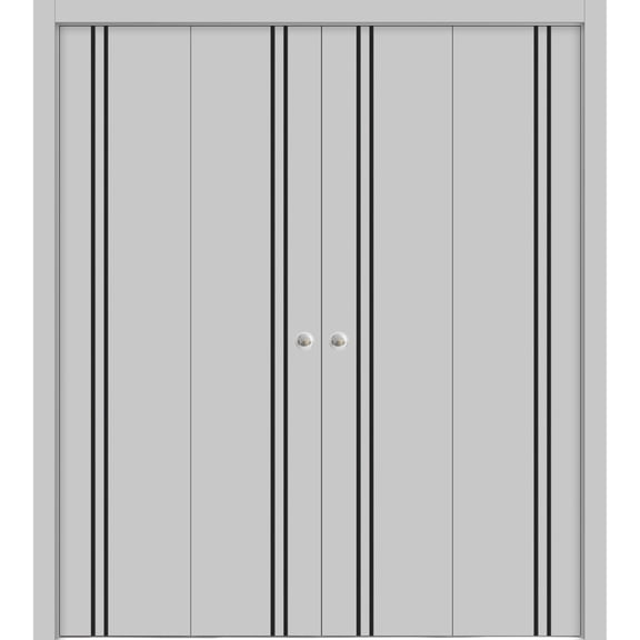 Sliding Closet Double Bi-fold Doors | Planum 0016 Grey Matte with Frosted Glass | Sturdy Tracks Moldings Trims Hardware Set | Wood Solid Bedroom Wardrobe Doors