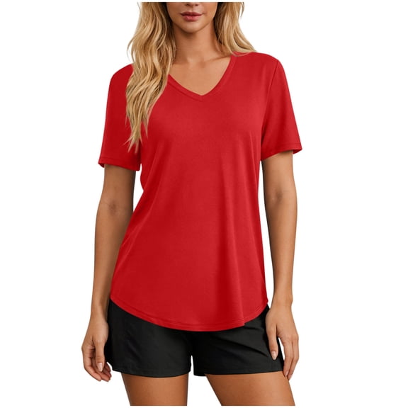 aohooy Sun Tshirt Women Casual V Neck Short Sleeve UPF50 UV Protection Workout Shirts Stretchy Lightweight Quick Dry Athletic Outdoor Tops Red,S