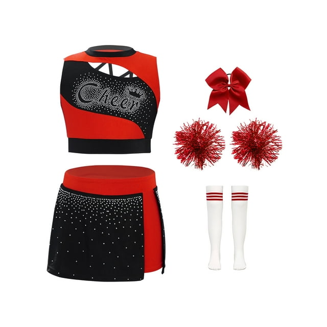 Runhomal Ensemble d'Uniforme de Cheerleading pour Filles, Tenues de Danse, Débardeurs Brillants, Jupe, Robe de Soirée pour Fête d'Anniversaire, Rouge 6